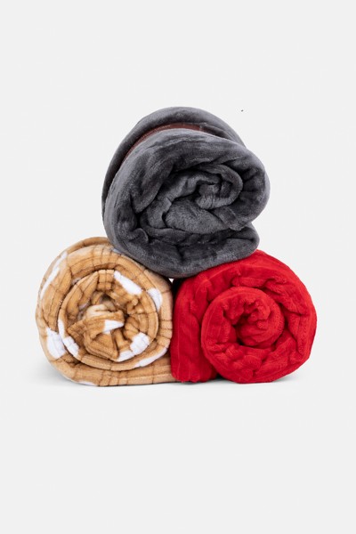 Fleece Blanket 200 X 240 in Grey, Red & Coffee Colors 3pcs